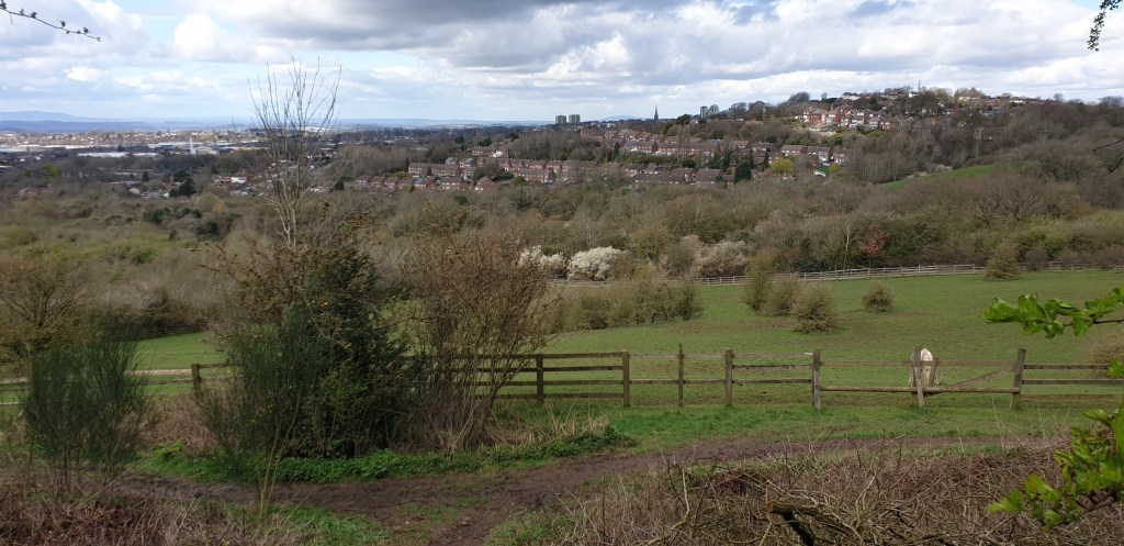 Images showing views of and around Dudley Golf Course, landscape of fields, trees and geology.